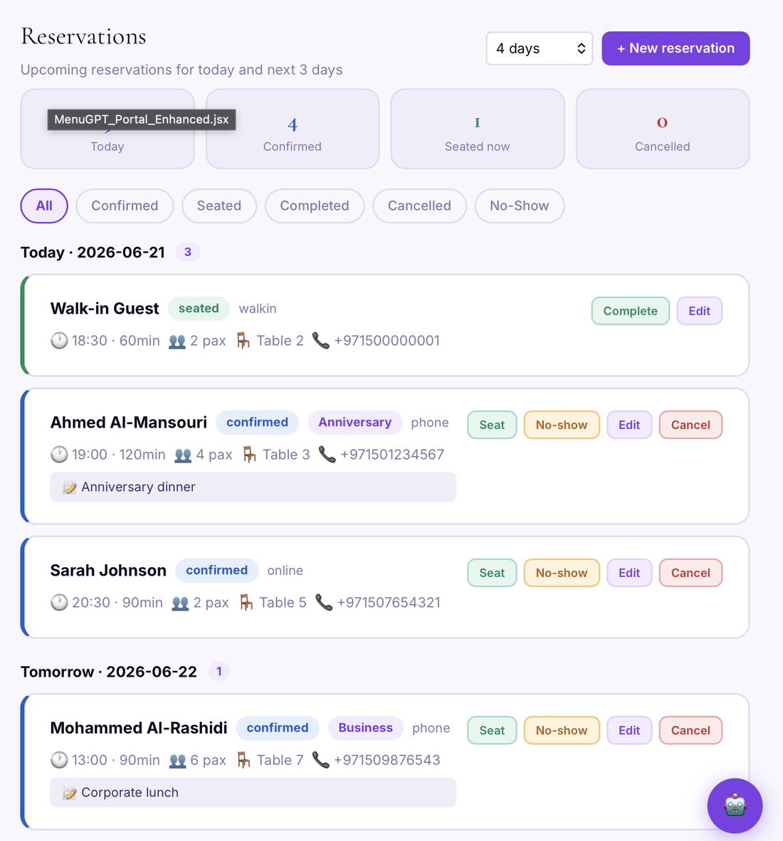 Reservation dashboard showing today's and the next three days' bookings with guest names, occasion tags, and seating actions